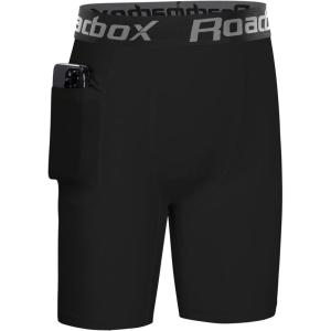 imageRoadbox Boys Compression Shorts with Pockets Youth Performance Athletic Underwear Base Layer for Kids Football RunningBlack