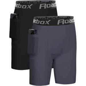 imageRoadbox Boys Compression Shorts with Pockets Youth Performance Athletic Underwear Base Layer for Kids Football RunningBlackgrey