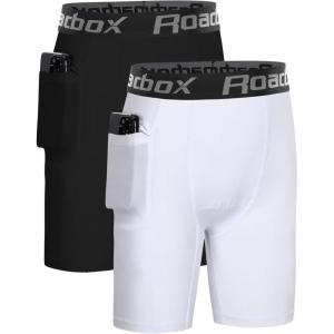 imageRoadbox Boys Compression Shorts with Pockets Youth Performance Athletic Underwear Base Layer for Kids Football RunningBlackwhite