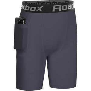 imageRoadbox Boys Compression Shorts with Pockets Youth Performance Athletic Underwear Base Layer for Kids Football RunningMedium Gray