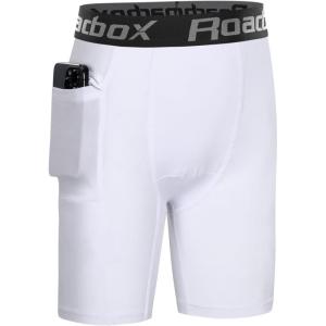 imageRoadbox Boys Compression Shorts with Pockets Youth Performance Athletic Underwear Base Layer for Kids Football RunningWhite