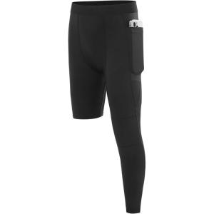 imageBoys Compression One Leg 34 Tights Youth Single Leggings for Basketball Running Kids Athletic Pants Capri with PocketsBlack