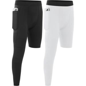 imageBoys Compression One Leg 34 Tights Youth Single Leggings for Basketball Running Kids Athletic Pants Capri with PocketsBlackwhitel