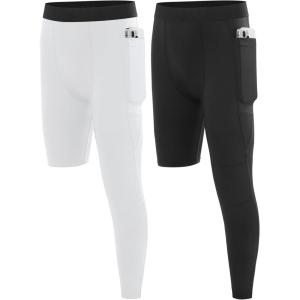 imageBoys Compression One Leg 34 Tights Youth Single Leggings for Basketball Running Kids Athletic Pants Capri with PocketsBlackwhiter