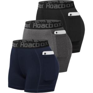 imageRoadbox 3quot Womens Volleyball Spandex Shorts with PocketNonPocket 23 Pack Compression Shorts for Workout Running Gym YogaPocketsblackgreyblue