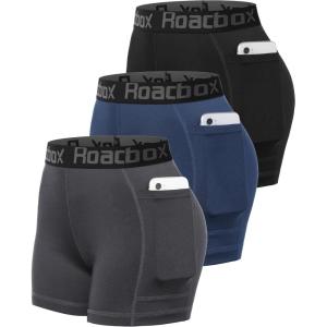 imageRoadbox 4quot Womens Spandex Compression Shorts 3 Pack Volleyball Shorts Athletic Biker Shorts for Workout Running Gym Yoga4pockets Blackgreyfog Blue
