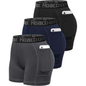 imageRoadbox 5 Womens Volleyball Compression Shorts with Pockets 3 Pack Spandex Workout Athletic Shorts for Running Gym Yoga5pockets Blackgreynavy
