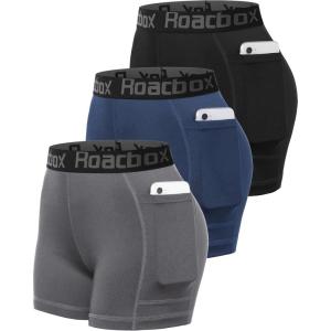 imageRoadbox 5 Womens Volleyball Compression Shorts with Pockets 3 Pack Spandex Workout Athletic Shorts for Running Gym Yoga5pocketsblacklight Graymist Blue