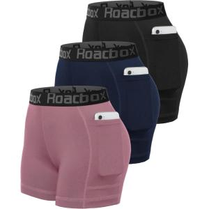 imageRoadbox 5 Womens Volleyball Compression Shorts with Pockets 3 Pack Spandex Workout Athletic Shorts for Running Gym Yoga5pocketsblacknavygray Pink
