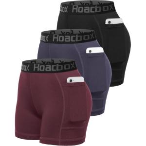 imageRoadbox 5 Womens Volleyball Compression Shorts with Pockets 3 Pack Spandex Workout Athletic Shorts for Running Gym Yoga5pocketsblackpurplered
