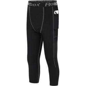 imageRoadbox Boys 34 Compression Leggings Pants Youth Sports Capri Running Tights Kids Basketball Base Layer with PocketsBlack