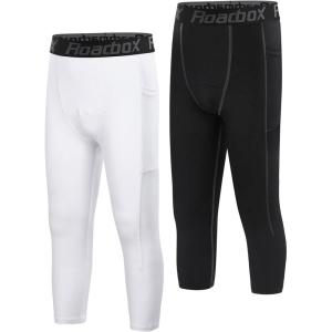 imageRoadbox Boys 34 Compression Leggings Pants Youth Sports Capri Running Tights Kids Basketball Base Layer with PocketsBlackwhite
