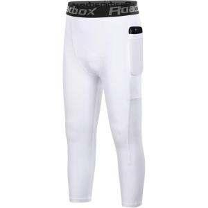 imageRoadbox Boys 34 Compression Leggings Pants Youth Sports Capri Running Tights Kids Basketball Base Layer with PocketsWhite