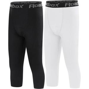 imageRoadbox Boys Compression LeggingsYouth Athletic Pants Capris TightsKids Sports Base Layer Basketball RunningBlackwhite