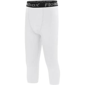 imageRoadbox Boys Compression LeggingsYouth Athletic Pants Capris TightsKids Sports Base Layer Basketball RunningWhite