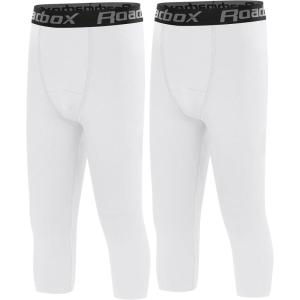 imageRoadbox Boys Compression LeggingsYouth Athletic Pants Capris TightsKids Sports Base Layer Basketball RunningWhitewhite