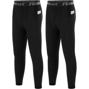 imageRoadbox Boys Compression Pants Youth Athletic Sports Legging with Pocket Base Layer Tights for Kids Running FootballBlackbalck