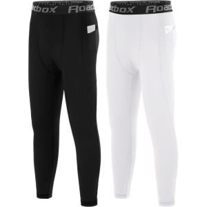 imageRoadbox Boys Compression Pants Youth Athletic Sports Legging with Pocket Base Layer Tights for Kids Running FootballBlackwhite