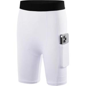 imageRoadbox Boys Compression Shorts Youth Boys Performance Athletic Spandex Underwear Kids Sports Shorts with PocketsWhite