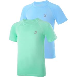 imageRoadbox Boys Rash Guard Swim Shirt UPF 50 Sun Protection Short Sleeve Quick Dry Rashguard Water Shirt for Kids2packlight Aqua Blueseagrass Green
