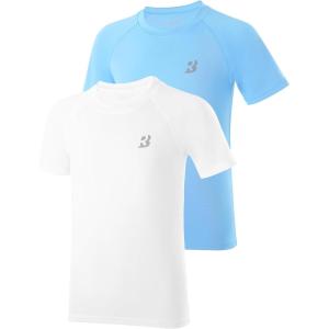 imageRoadbox Boys Rash Guard Swim Shirt UPF 50 Sun Protection Short Sleeve Quick Dry Rashguard Water Shirt for Kids2packlight Bluewhite