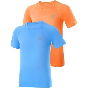 imageRoadbox Boys Rash Guard Swim Shirt UPF 50 Sun Protection Short Sleeve Quick Dry Rashguard Water Shirt for Kids2packmedium Blue  Electric Orange