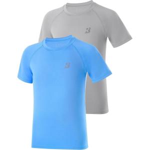 imageRoadbox Boys Rash Guard Swim Shirt UPF 50 Sun Protection Short Sleeve Quick Dry Rashguard Water Shirt for KidsFriendly Graymeedium Blue