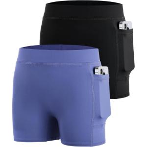 imageRoadbox Girls Volleyball Spandex Shorts Youth Biker Shorts with Pockets Athletic Compression Short for Yoga Gymnastics Dance2packblackhaze Blue