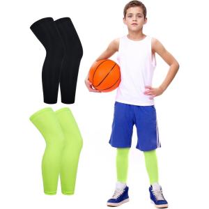 imageRoadbox Kids Long Leg Sleeve 2 Pairs NonSlip Protection Knee Compression Leg Sleeves for Youth Boy Girl Basketball FootballBlackfluorescent Green