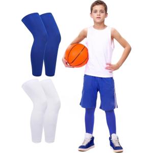 imageRoadbox Kids Long Leg Sleeve 2 Pairs NonSlip Protection Knee Compression Leg Sleeves for Youth Boy Girl Basketball FootballWhiteblue