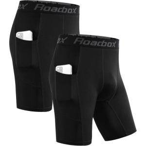 imageRoadbox Mens Compression Shorts with Pocket 12 Pack Spandex Running Athletic Workout Performance Underwear Quick Dry2 Pack Black  Black