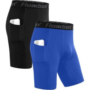 imageRoadbox Mens Compression Shorts with Pocket 12 Pack Spandex Running Athletic Workout Performance Underwear Quick Dry2 Pack Black  Ocean Blue