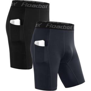 imageRoadbox Mens Compression Shorts with Pocket 12 Pack Spandex Running Athletic Workout Performance Underwear Quick Dry2 Pack Black  Space Ash