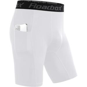 imageRoadbox Mens Compression Shorts with Pocket 12 Pack Spandex Running Athletic Workout Performance Underwear Quick DryWhite