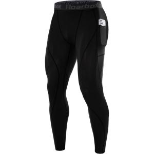 imageRoadbox 1 or 2 Pack Compression Pants Men Running Workout Leggings with Pockets Gym Basketball Athletic Tights Base LayerBlack
