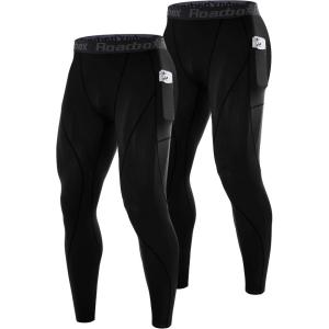 imageRoadbox 1 or 2 Pack Compression Pants Men Running Workout Leggings with Pockets Gym Basketball Athletic Tights Base LayerBlackblack