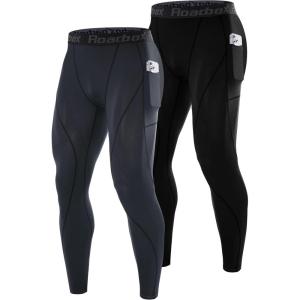 imageRoadbox 1 or 2 Pack Compression Pants Men Running Workout Leggings with Pockets Gym Basketball Athletic Tights Base LayerBlackgray