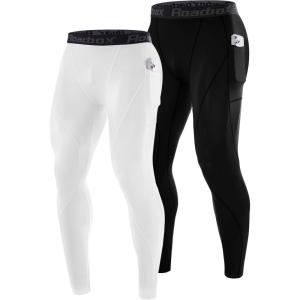 imageRoadbox 1 or 2 Pack Compression Pants Men Running Workout Leggings with Pockets Gym Basketball Athletic Tights Base LayerBlackwhite