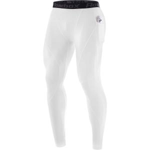 imageRoadbox 1 or 2 Pack Compression Pants Men Running Workout Leggings with Pockets Gym Basketball Athletic Tights Base LayerWhite