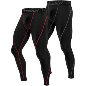imageRoadbox 1 2 or 3 Pack Mens Compression Pants Athletic Base Layer Cycling Tights Leggings for Running Yoga Basketball2 Packblackblackred Stripe