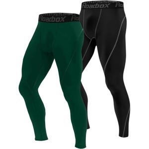 imageRoadbox 1 2 or 3 Pack Mens Compression Pants Athletic Base Layer Cycling Tights Leggings for Running Yoga Basketball2 Packdark Greenwhite