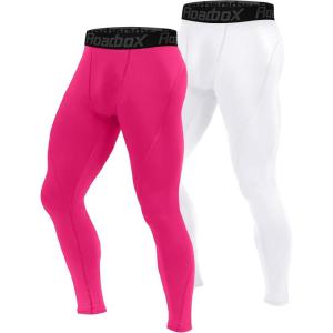 imageRoadbox 1 2 or 3 Pack Mens Compression Pants Athletic Base Layer Cycling Tights Leggings for Running Yoga Basketball2 Packrose Redwhite
