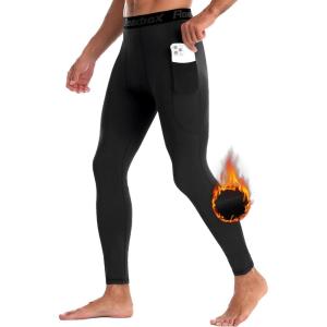 imageRoadbox 12 Pack Thermal Compression Pants for Men Fleece Lined Football Running Tights Base Layer Leggings with Pockets1packblack