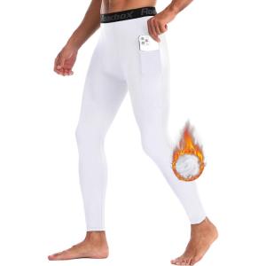 imageRoadbox 12 Pack Thermal Compression Pants for Men Fleece Lined Football Running Tights Base Layer Leggings with Pockets1packplain White