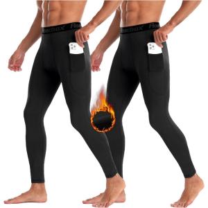 imageRoadbox 12 Pack Thermal Compression Pants for Men Fleece Lined Football Running Tights Base Layer Leggings with Pockets2packblackblack