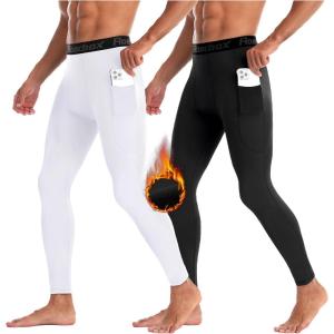 imageRoadbox 12 Pack Thermal Compression Pants for Men Fleece Lined Football Running Tights Base Layer Leggings with Pockets2packblackwhite