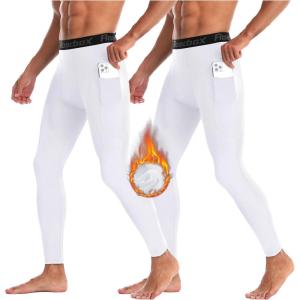 imageRoadbox 12 Pack Thermal Compression Pants for Men Fleece Lined Football Running Tights Base Layer Leggings with Pockets2packwhitewhite