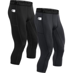 imageRoadbox 2 Pack Mens 34 Compression Pants Athletic Basketball Workout Tights Leggings Sport Running Spandex Base LayerBlack02gray02