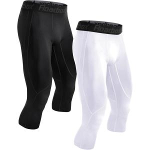 imageRoadbox 2 Pack Mens 34 Compression Pants Athletic Basketball Workout Tights Leggings Sport Running Spandex Base LayerBlackwhite