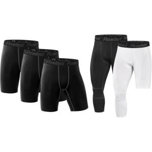imageRoadbox Athletic Compression Set Mens 3 Pack Compression Shorts and 2 Pack 34 One Leg Compression Pants Size M